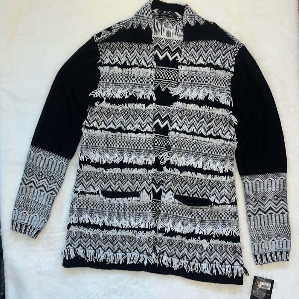 NANETTE LEPORE The Canyon Cardigan Aztec & Fringe Decor Long Sleeve Sweater NWT